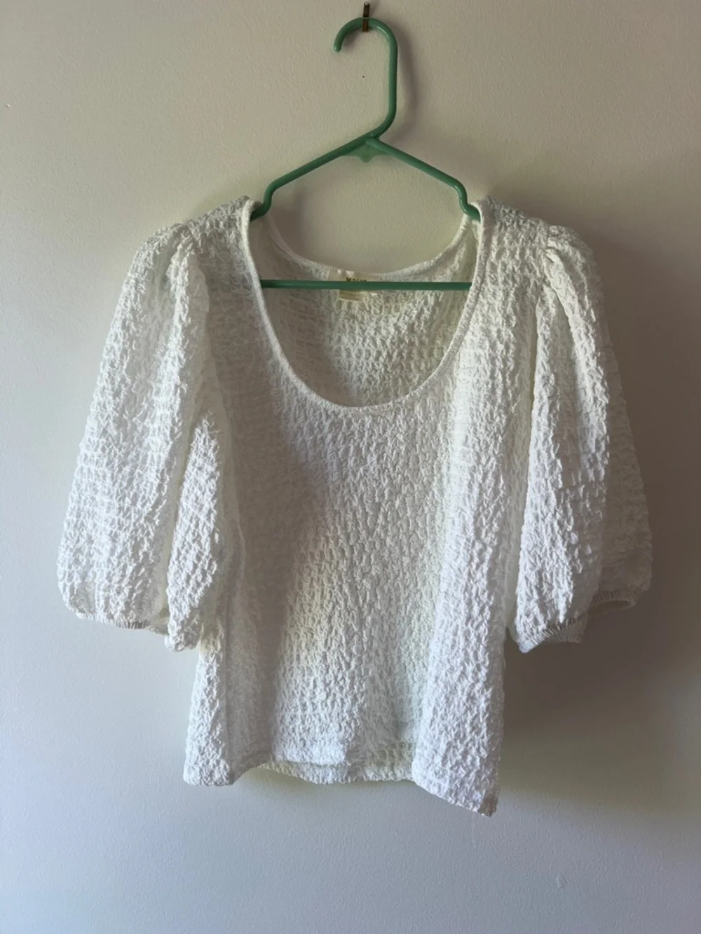 Anthropologie White Textured Puff-Sleeve Blouse